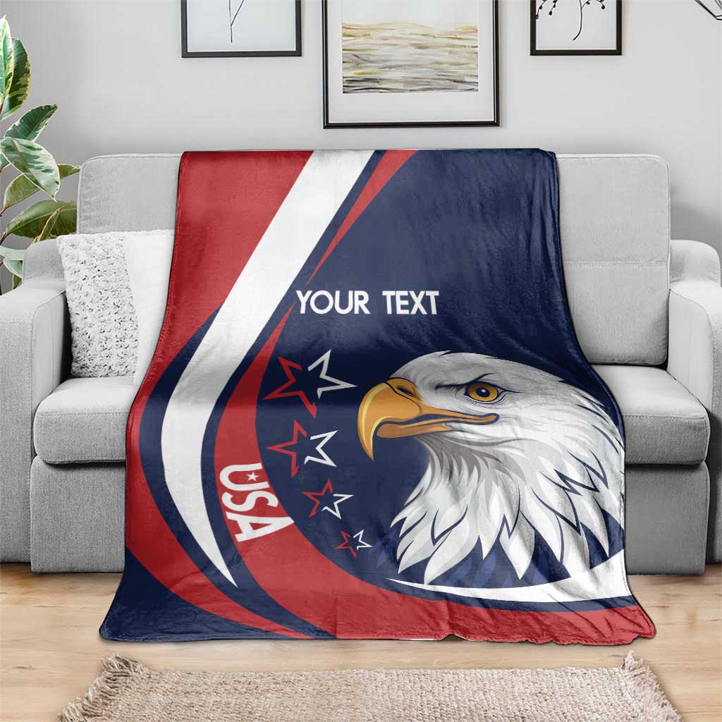 USA rugby blanket with eagle head graphic and 'Your text' across navy/red/white