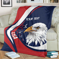 USA rugby blanket spread on sofa, eagle graphic and 'Your text' in navy/red/white