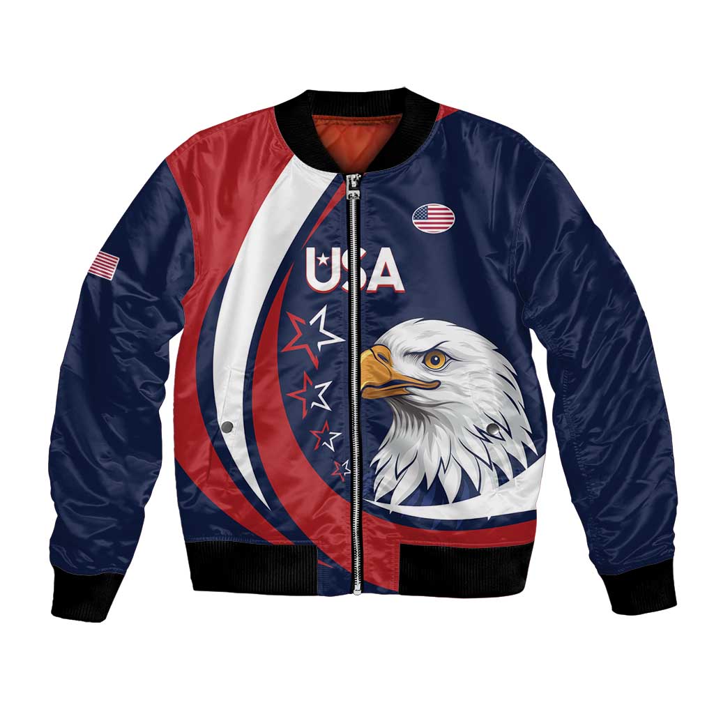Blue varsity bomber jacket with full-zip front, eagle graphic, and USA flag patch