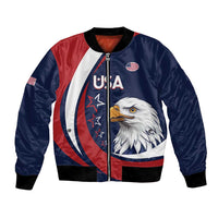 Blue varsity bomber jacket with full-zip front, eagle graphic, and USA flag patch