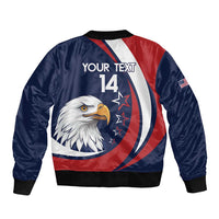 Blue bomber jacket back with eagle graphic, 'YOUR TEXT' and 14, ribbed hem