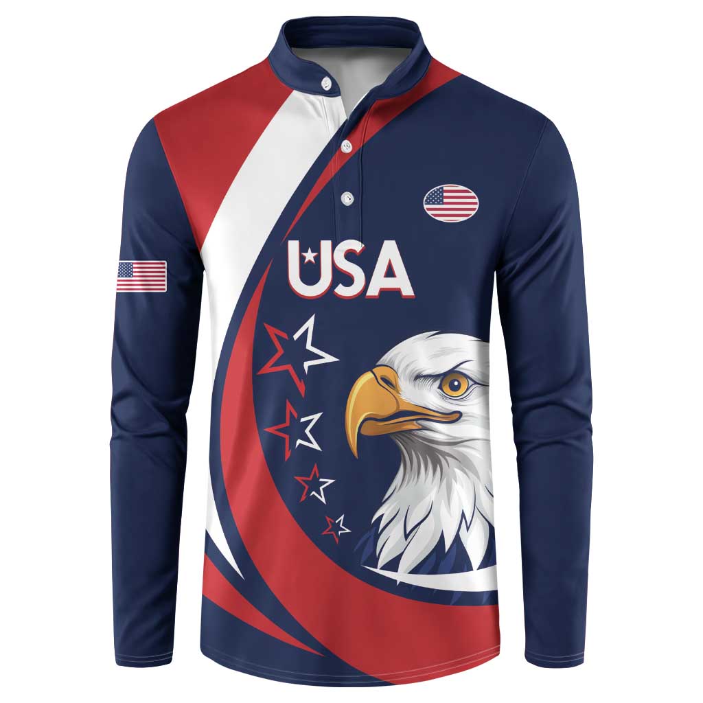 Navy rugby button sweatshirt with USA eagle graphic and red/white diagonal stripes