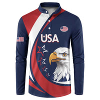 Navy rugby button sweatshirt with USA eagle graphic and red/white diagonal stripes