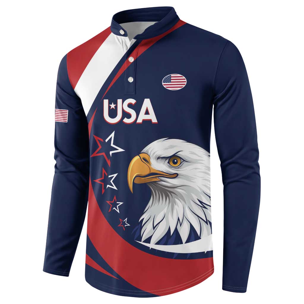 Navy rugby button sweatshirt with USA eagle graphic and red/white diagonal stripe panels