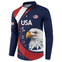 Navy rugby button sweatshirt with USA eagle graphic and red/white diagonal stripe panels