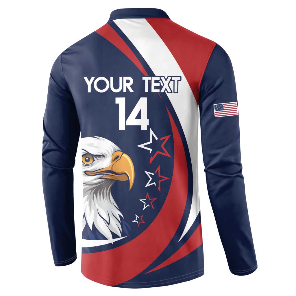 Navy rugby button sweatshirt back with red/white stripes, eagle graphic and number 14