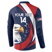 Navy rugby button sweatshirt back with red/white stripes, eagle graphic and number 14