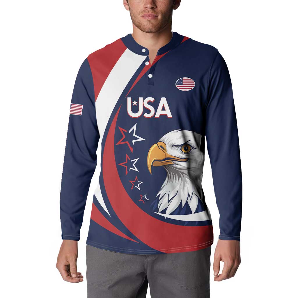 Navy rugby button sweatshirt with button placket, USA eagle graphic and flag emblem