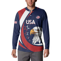 Navy rugby button sweatshirt with button placket, USA eagle graphic and flag emblem