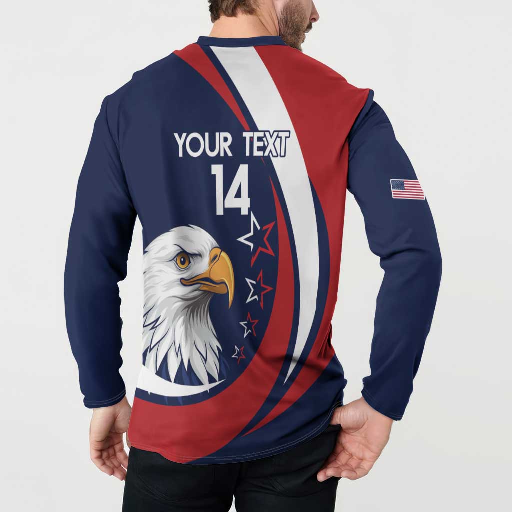 Navy rugby button sweatshirt back with YOUR TEXT 14, eagle graphic and red/white stripes