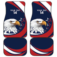 Four blue/red/white eagle floor mats, rounded corners, 'YOUR TEXT 14' on each