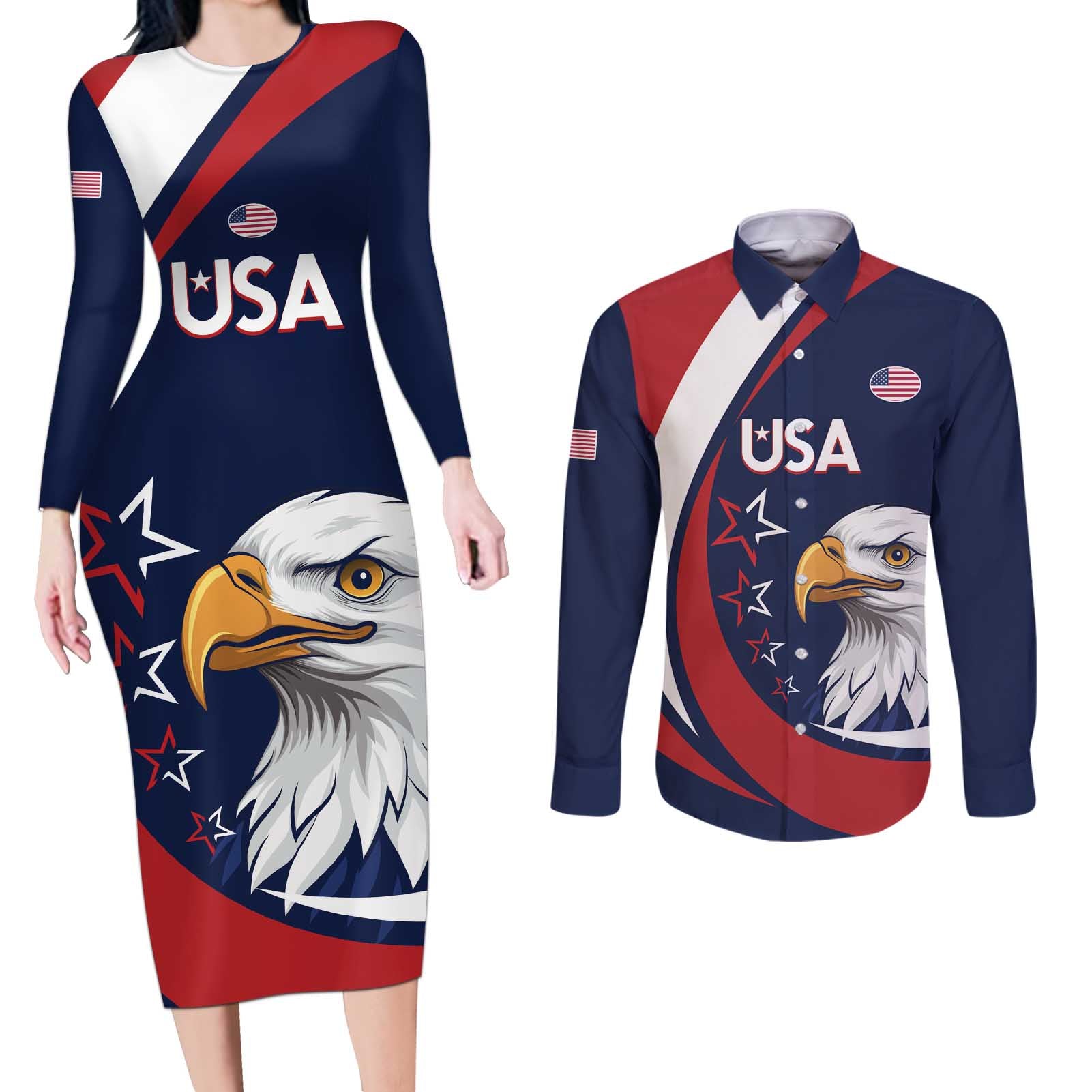 Custom USA Rugby Couples Matching Long Sleeve Bodycon Dress and Long Sleeve Button Shirt Go Eagles Sporty Style - Wonder Print Shop