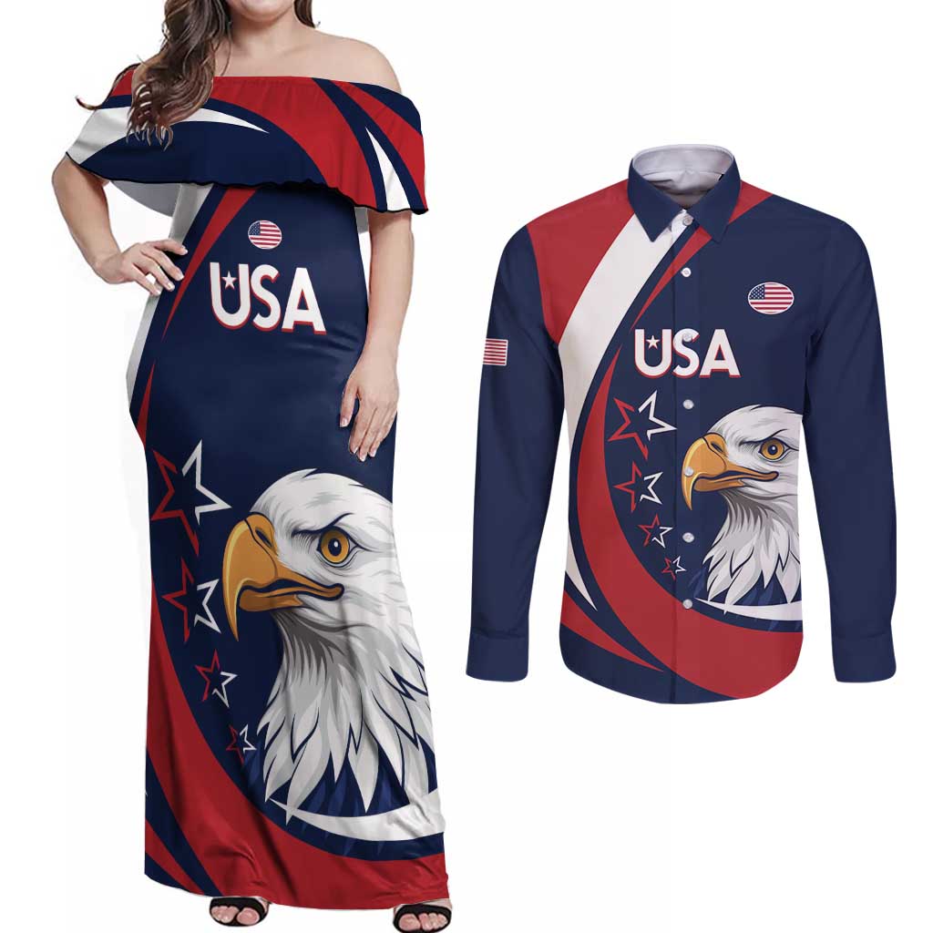 Custom USA Rugby Couples Matching Off Shoulder Maxi Dress and Long Sleeve Button Shirt Go Eagles Sporty Style - Wonder Print Shop