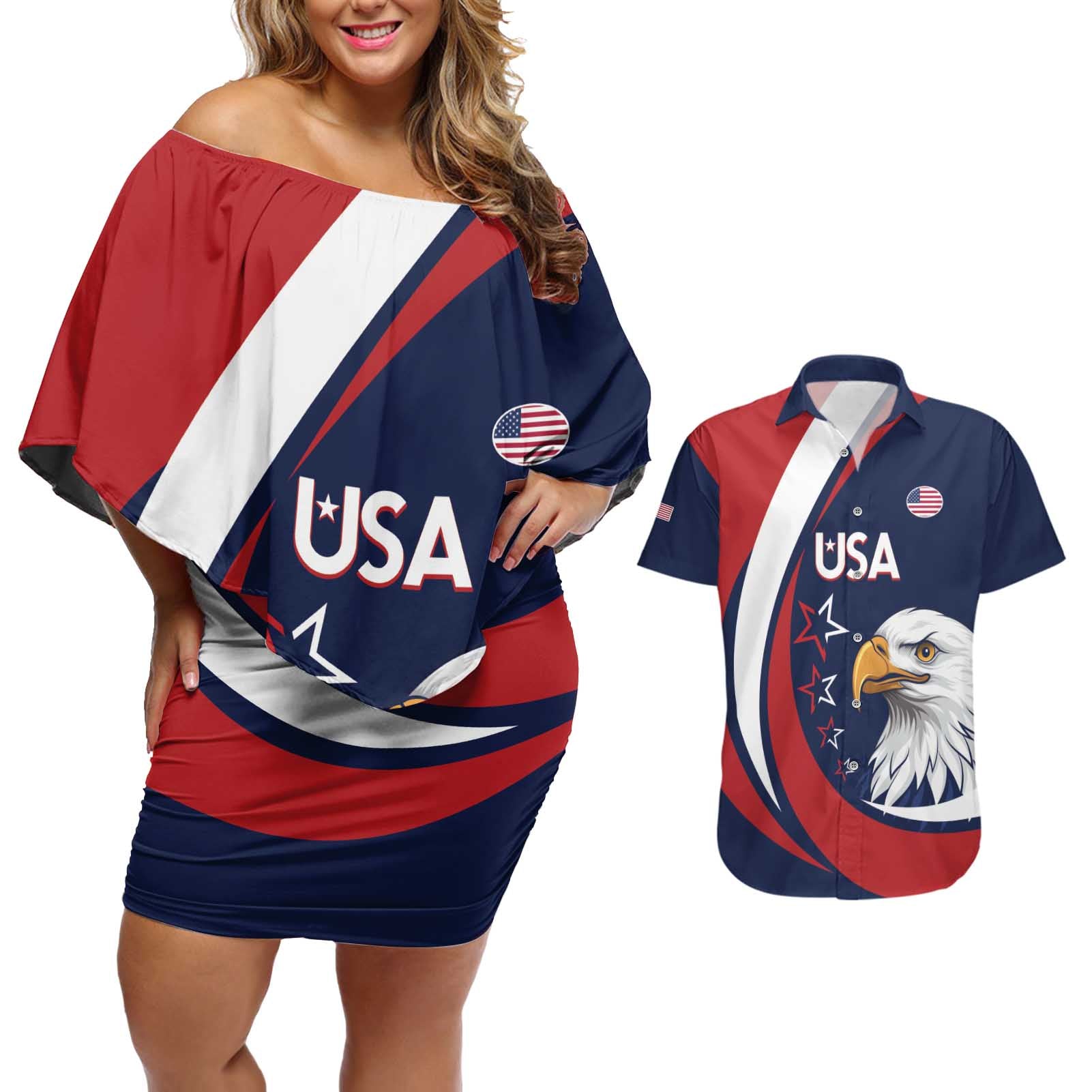 Custom USA Rugby Couples Matching Off Shoulder Short Dress and Hawaiian Shirt Go Eagles Sporty Style - Wonder Print Shop