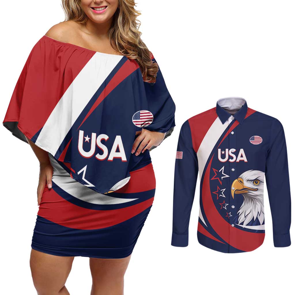 Custom USA Rugby Couples Matching Off Shoulder Short Dress and Long Sleeve Button Shirt Go Eagles Sporty Style - Wonder Print Shop