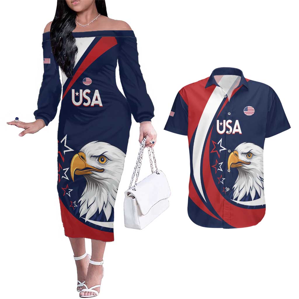 Custom USA Rugby Couples Matching Off The Shoulder Long Sleeve Dress and Hawaiian Shirt Go Eagles Sporty Style - Wonder Print Shop