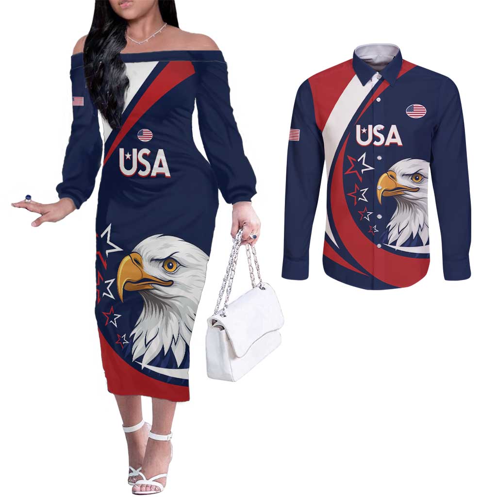 Custom USA Rugby Couples Matching Off The Shoulder Long Sleeve Dress and Long Sleeve Button Shirt Go Eagles Sporty Style