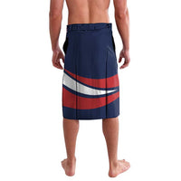 Navy rugby lavalava shorts with red and white horizontal stripe panel, elastic waistband