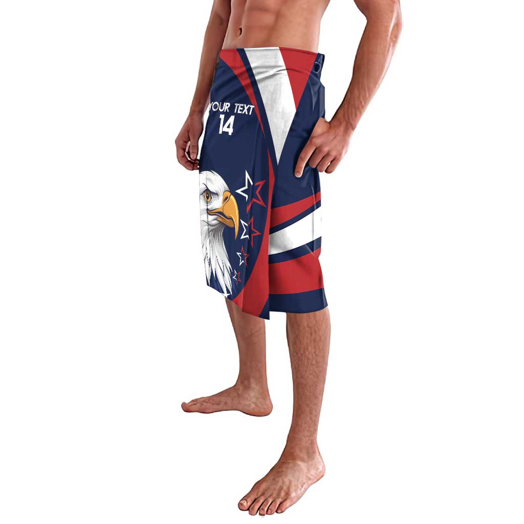 Blue rugby lavalava shorts with eagle face artwork, custom number 14, and patriotic stripes