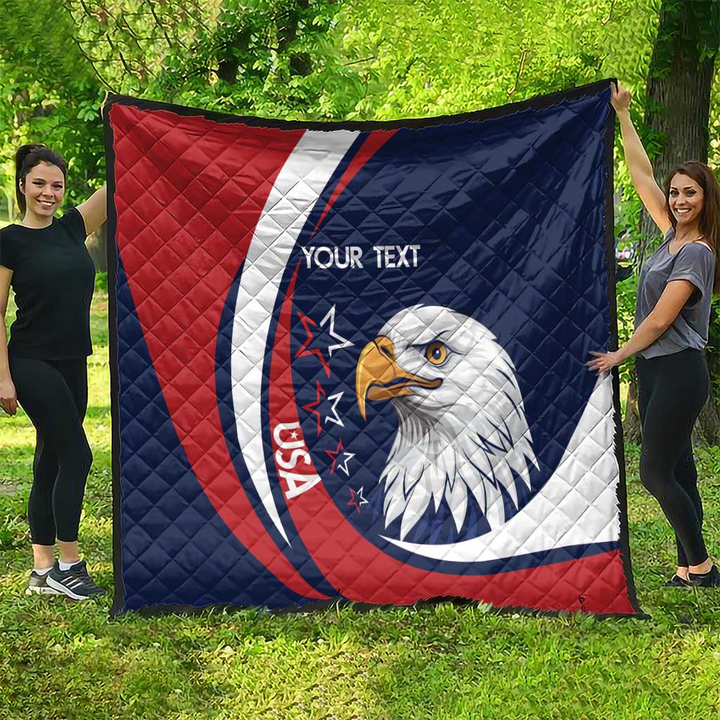 Large rugby quilt blanket in navy and red with eagle emblem and centered custom text