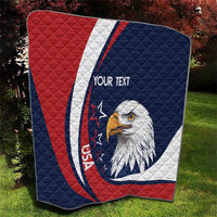 Rugby quilt blanket with red, navy, and white colors, quilted texture, eagle face, text