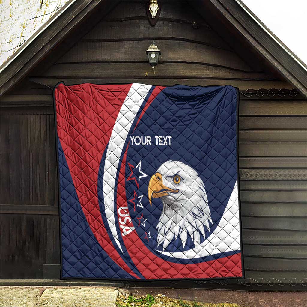 Rugby quilt blanket featuring navy and red fields, eagle head graphic, and custom text
