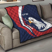 Quilt blanket with navy and red diagonal panels, white accent stripe, eagle and custom text
