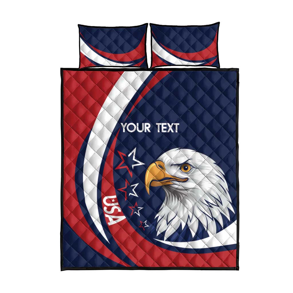 Red and navy eagle rugby quilt bed set, 'YOUR TEXT' on quilt, includes 2 pillows