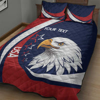 Red and navy eagle rugby quilt bed set with 'YOUR TEXT' and 2 pillowcases