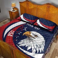 Red and navy eagle quilt bed set with 'YOUR TEXT' and matching pillow shams