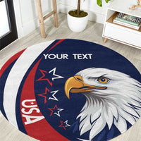 Round sports rug in blue, red, and white with eagle head graphic and 'YOUR TEXT'.