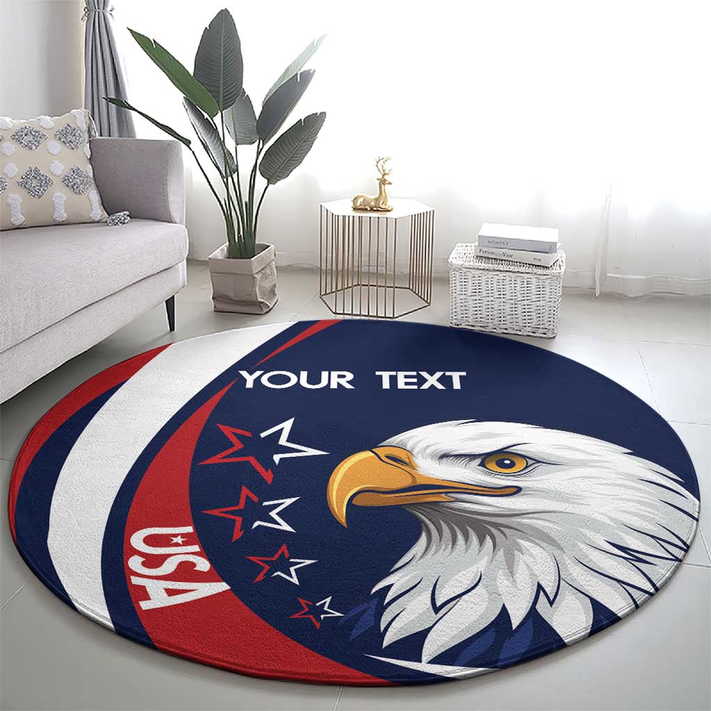 Round eagle graphic rug in blue, red, and white with 'YOUR TEXT' text near the top.