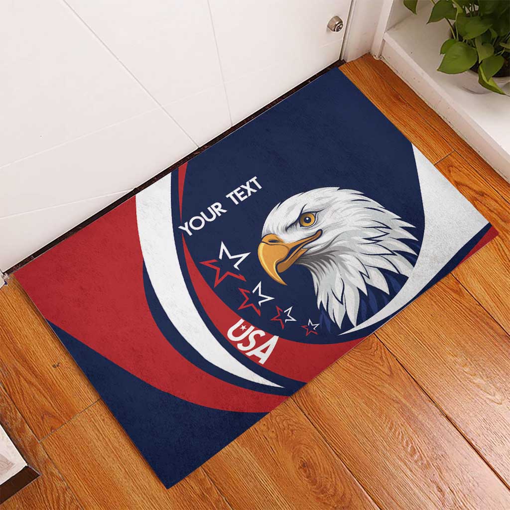 Custom USA rugby rubber doormat, angled view, eagle head emblem with custom text, blue/red