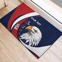 Custom USA rugby rubber doormat close-up of eagle head and circular stripe design, custom text