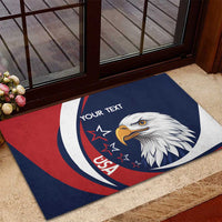 Custom USA rugby rubber doormat with eagle head graphic, blue border, red white swoosh, custom text
