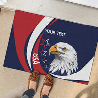 Custom USA rugby rubber doormat with eagle head and custom text, blue/red/white patriotic stripes