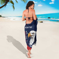 Navy USA rugby eagle custom sarong with 'YOUR TEXT' and red stripe, tied at waist