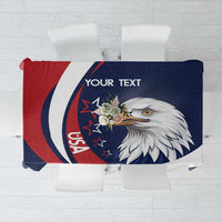 Close-up of blue and red eagle tablecloth design with placeholder text area