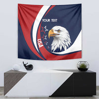 USA rugby tapestry with stylized eagle head, red and navy curved stripes, and “Your Text”