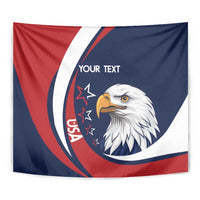 Close-up USA rugby tapestry with eagle head, curved red/blue stripes, and “Your Text”