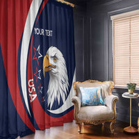 Blue and red window curtain panels with white eagle graphic and 'Your text' area