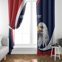 Window curtains with blue and red panels and large white eagle head design