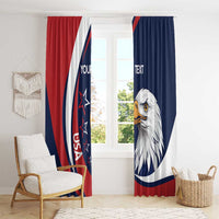 Window curtains with navy and red panels featuring a white eagle head graphic