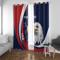 Window curtains with metal grommet tops in red and navy, showing a white eagle face