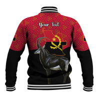 Red and black baseball jacket with geometric back, antelope graphic, “Your Text”, striped ribbed collar