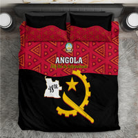 Angola themed bedding set with red geometric pattern and black emblem, star and rifle graphic