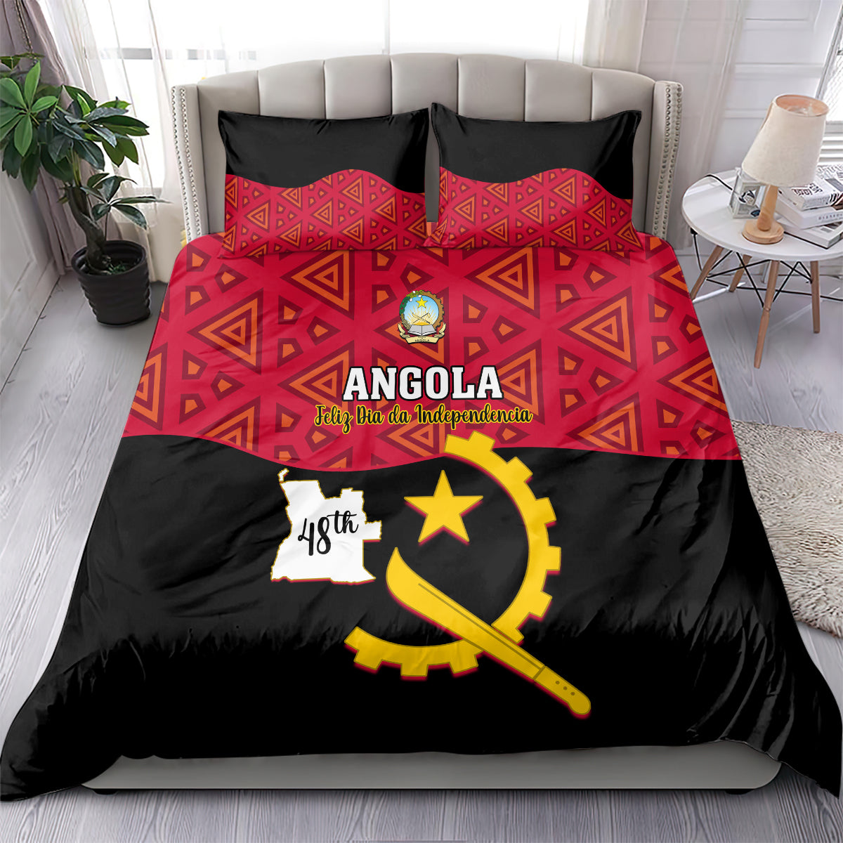Angola bedding set with two red patterned pillow covers and matching red top, black star graphic