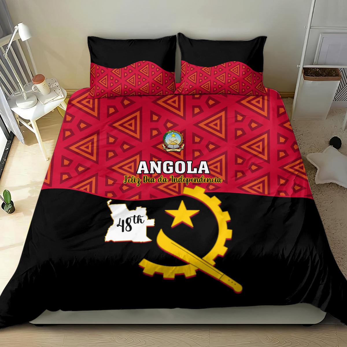 Angola bedding set with red triangle pattern, ANGOLA logo, star and rifle emblem on black