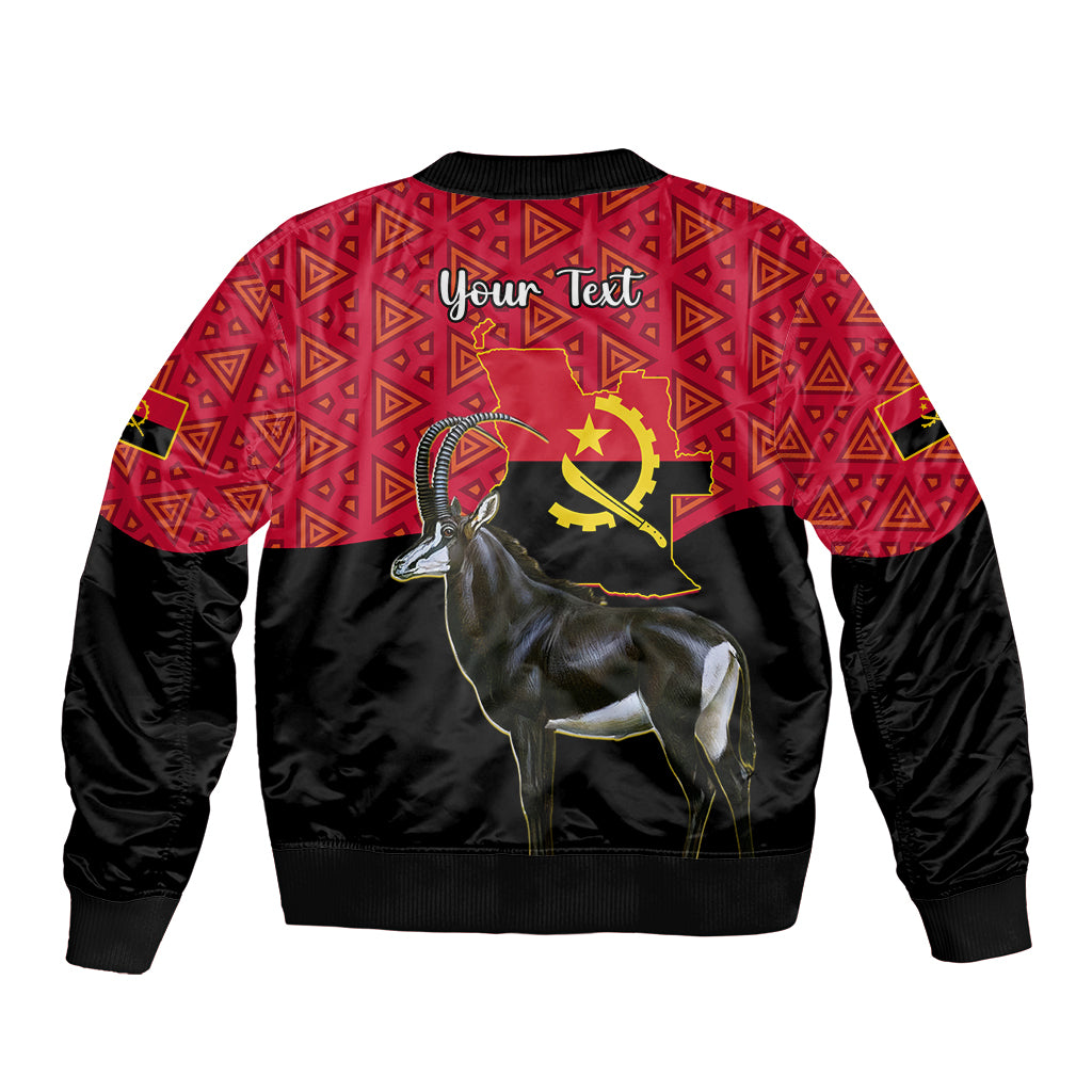 Red and black bomber jacket with zip, 'Your Text' and antelope graphic on back