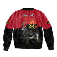 Red and black bomber jacket with zip, 'Your Text' and antelope graphic on back